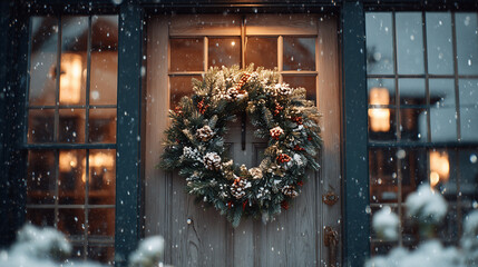 Festive Christmas wreath on door with gentle snowfall.