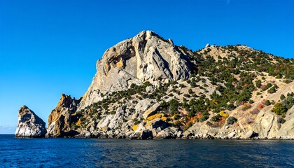 A coastal landscape features rugged cliffs, speckled with vegetation, meeting a calm sea under a vibrant blue sky