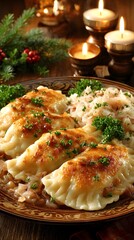 Festive Holiday Dinner Table with Crispy Herb-Garnished Dumplings: A Polish Delicacy of Savory Comfort Food and Rich Flavors in Cozy Winter Ambiance