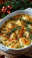 Creamy Delicious Potato Gratin: Golden Brown Baked Festive Christmas Dish with Thyme and Herbs
