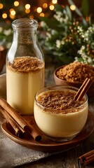 Exquisite Eggnog Holiday Drink: Festive Beverage Rich in Creamy Delight with Spiced Dessert Flavors and Cinnamon Garnish for a Sweet Seasonal Indulgence in Glass Jar with Rustic Theme