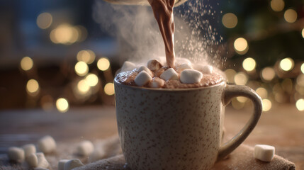 Cozy slow-motion hot chocolate pour with festive background.