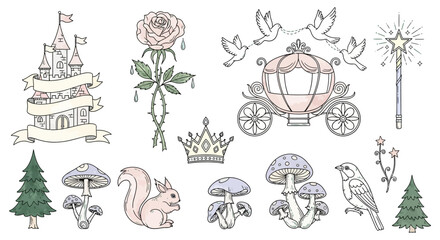 Enchanting Fairytale Wedding Vector Collection - Castle & Magical Forest Line Art Elements