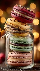 Exquisite Macarons in a Charming Jar: French Pastries and Decadent Indulgences in Pastel Colors with Edible Elegance for a Delightful Holiday Display