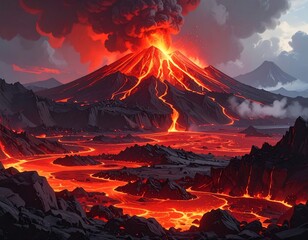 A volcanic eruption scene depicts magma flows and mountains in a dramatic landscape under an ominous, smoke-filled sky