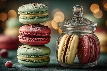 Elegant Gourmet Macarons: Delicious Confectionery Sweet Treats in Festive Colors with Artisan Presentation
