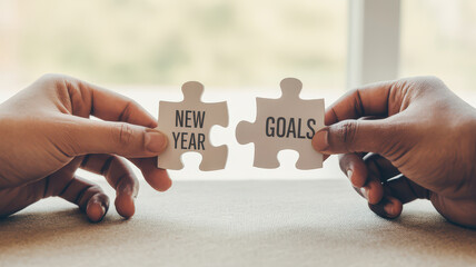 Two hands holding puzzle pieces labeled New and Goals symbolize connection between New Year and personal aspirations. This conveys motivation and determination for self improvement
