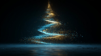 Futuristic holographic Christmas tree made of digital particles.