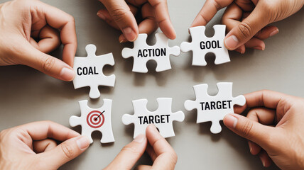 Hands assembling white puzzle pieces with words COAL, ACTION, GOAL, and TARGET, symbolizing teamwork and collaboration towards achieving objectives. image conveys sense of unity and purpose