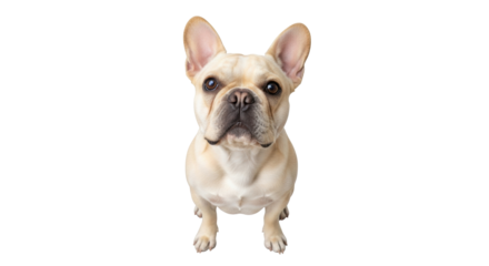 Isolated fawn French Bulldog attentively staring at the camera, facing forward and upright