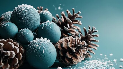 Close Up Shot of Teal Spheres Pine Cones and Artificial Snow on Teal Background - Powered by Adobe