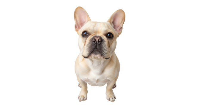Isolated fawn French Bulldog attentively staring at the camera, facing forward and upright