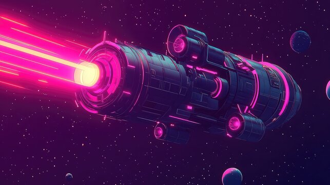 Spaceship flying through space with neon glow