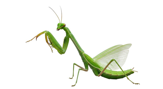 Isolated praying mantis standing in defensive position, threatening stance, predator insect