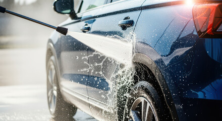 Close up view of modern SUV being washed with pressure washer, showcasing water splashing off vehicle surface, highlighting its sleek design and shiny finish
