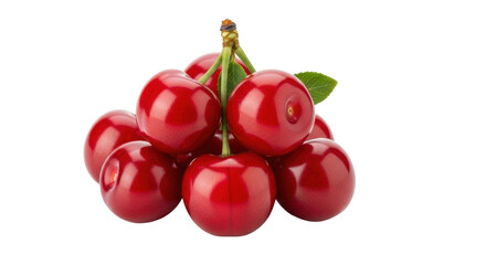 Isolated Pile of Freshly Picked Red Cherries with Stems and Leaves, Summer Fruit Treat