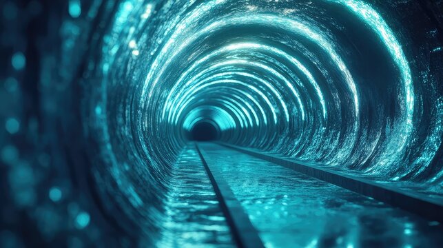 Futuristic glowing blue tunnel with tracks inside