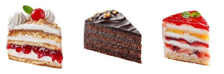 Three slices of layered cake with fruit and chocolate frosting isolated on a transparent background