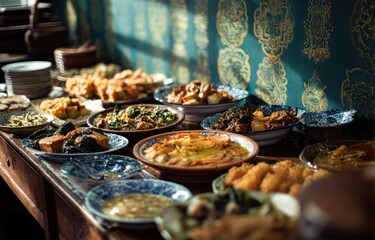 A long table filled with numerous plates of diverse, delicious prepared foods indoors