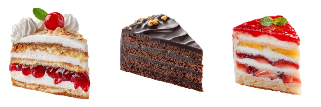 Three slices of layered cake with fruit and chocolate frosting isolated on a transparent background