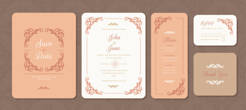 Elegant wedding invitation suite with floral ornaments featuring save the date RSVP and thank you cards perfect for a classic and romantic celebration