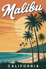 Obraz premium California malibu beach travel poster in retro style, showcasing coastal scenery, ocean waves, and sunny palms, detailed vector illustration
