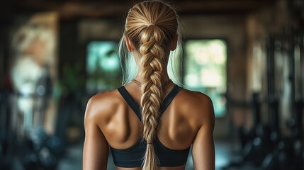 Back of Woman with Blonde Braided Hair in Gym, Fitness Portrait and Strength Aesthetics for Sports Scene and Healthy Lifestyle