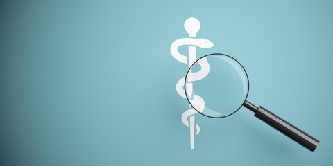 Abstract rod of asclepius symbol below magnifying glass on blue background with copy space, medicine or pharmacology concept