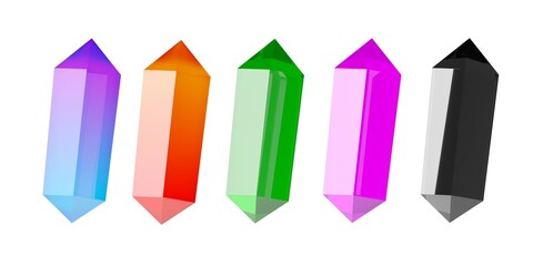 Series of different colored single gemstones or crystals isolated on white background