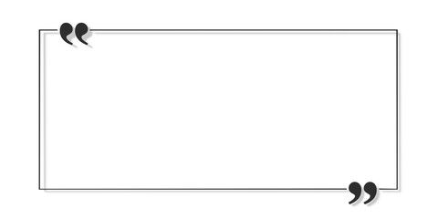 Naklejka premium Black quotation marks in cutouts of thin line rectangle frame on white background, quote template with copy space