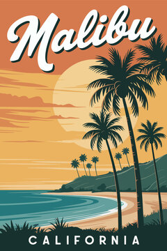 California malibu beach travel poster in retro style, showcasing coastal scenery, ocean waves, and sunny palms, detailed vector illustration