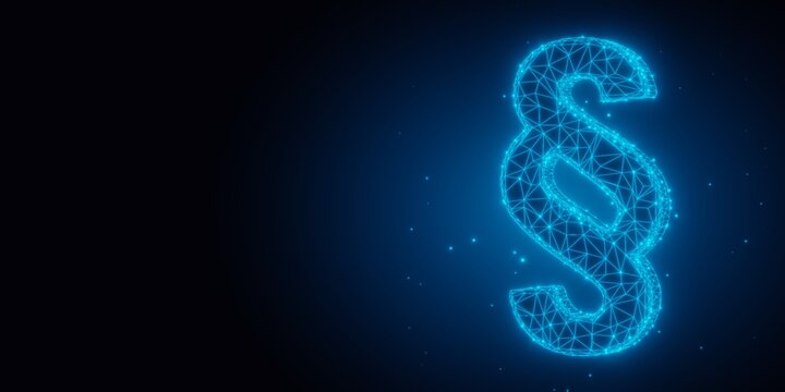 Blue glowing low poly wireframe paragraph symbol on dark background with copy space, law, legal or justice concept