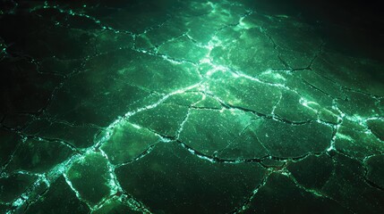Glowing green energy cracks illuminating dark abstract ground