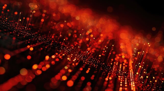 Abstract glowing red particles creating dynamic digital data network