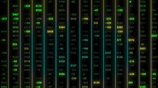 Financial Market Data Stream Dynamic Digital Display Of Live Stock Prices, Investment Gains  Losses, And Economic Trends With Scrolling Numbers On A Dark Background, Financial Data Stream Animated Dig - Powered by Adobe