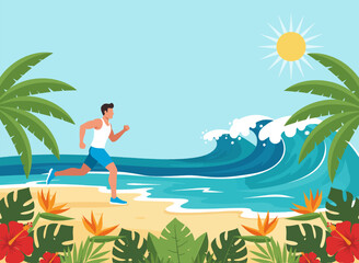 Beach Jogging Background – Man Running on Sand near Ocean Coast Vector
