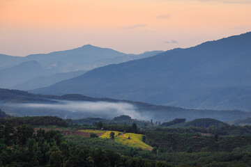 Kew Muang viewpoint with foggy morning, Nan, Thailand