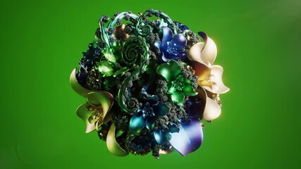 Emergent forest trees rising from ferns with fractal elements rotating slowly on effect green screen fractal animations style