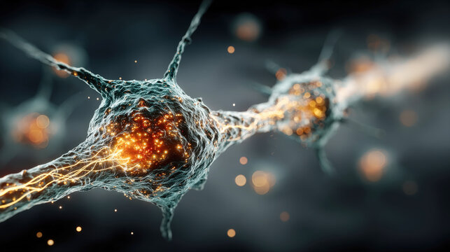Detailed 3D Visualization of Two Interconnected Neurons Transmitting a Synaptic Signal, Highlighting Neural Communication with Bright, Glowing Orange Electrical Impulses and Bokeh Effect