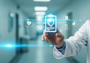 Fototapeta premium Digital health record management medical technology healthcare innovation doctor hand patient data security electronic health records medical icons hospital environment healthcare professional