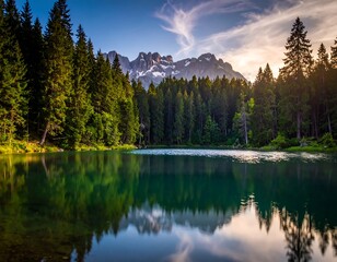 Calm lake reflects mountains and forest under a partly cloudy sky