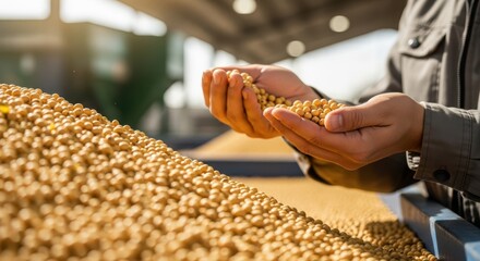 Hands of a farmer holding soybean seeds, demonstrating quality control in a harvest or agriculture farm. Concept of sustainable agriculture and modern farming.