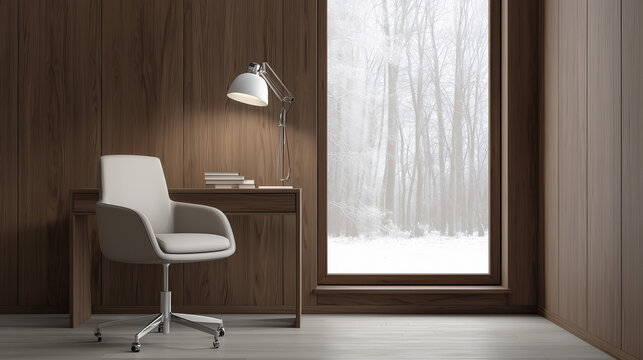 trusteeship. A minimalist home office corner with a wooden wall and natural light, creating a serene workspace. lifestyle magazines.