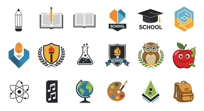 Education-themed illustrations including pencils, books, science tools, and an apple