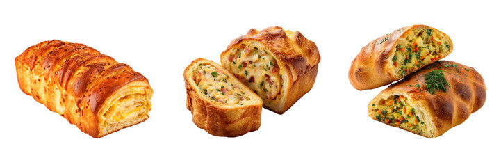 Three golden brown baked pastries filled with savory ingredients isolated on a transparent background