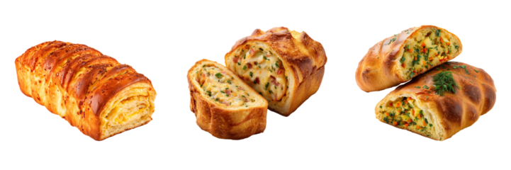 Three golden brown baked pastries filled with savory ingredients isolated on a transparent background