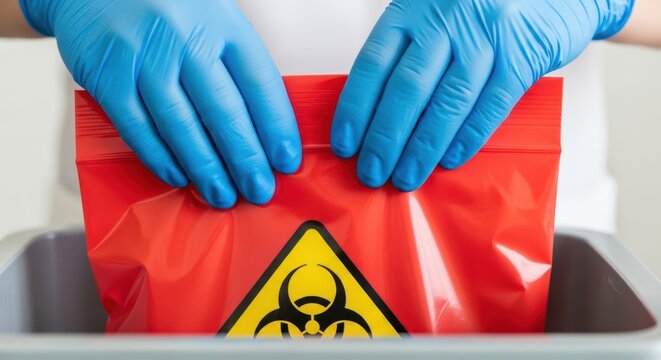 Woman in blue glove handles red biohazard bag. Medical waste disposal for laboratory safety and infectious materials handling.