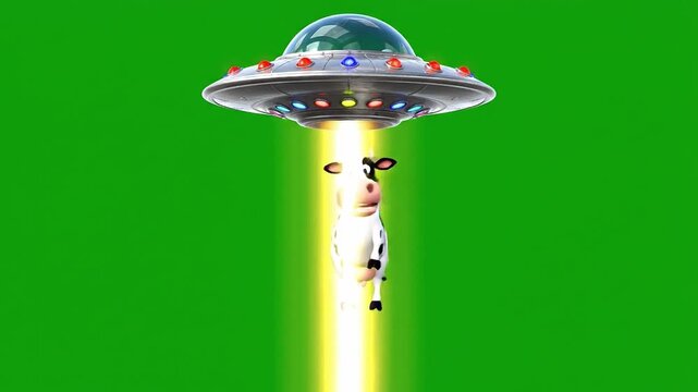 Animated cow abduction by a UFO with a green screen background in cartoon style animation, and