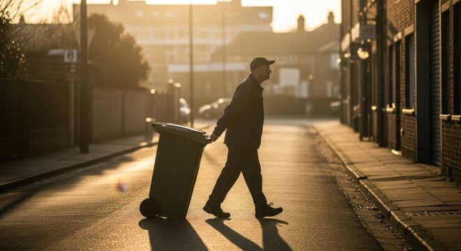 Caucasian man pulling garbage can down an urban residential street at sunrise portraying daily cleanup routine and urban environment.