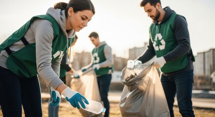Woman and man volunteers collecting plastic bottle. Environmental protection and recycling. Ecological cleanup concept for Earth Day or volunteering.